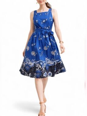Ann Taylor Royal Blue Floral Poplin Fit Flare Sleeveless Midi Dress Size 10